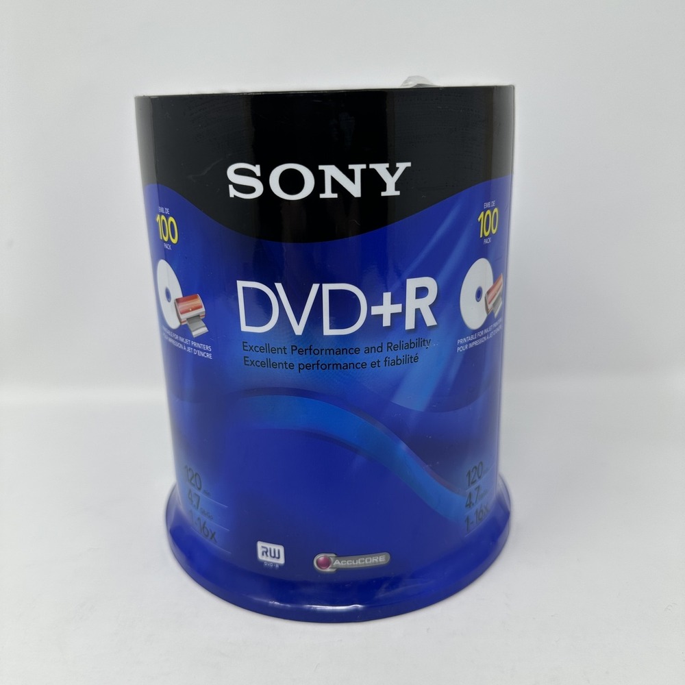 Sony DVD+R 100 Pack 4.7GB 120min‎ 16x Printable for Inkjet Printers AccuCORE New